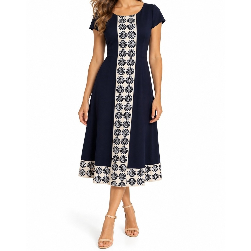 Boden Frederica Ponte Dress Navy Ivory Floral Fit Flare Midi US 12